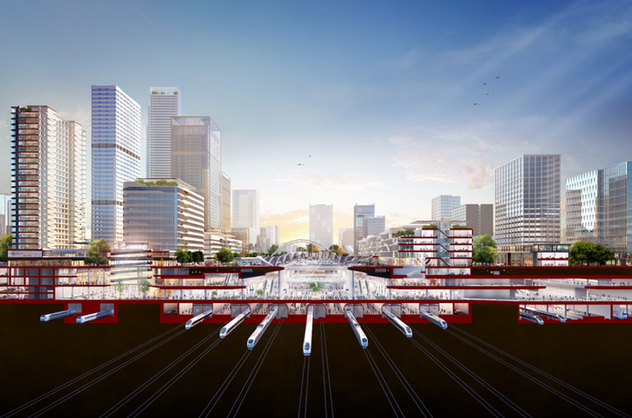 北京城市副中心站综合交通枢纽亮出首段顶板