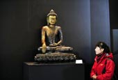 文物博览会:观众观看明代紫檀大佛